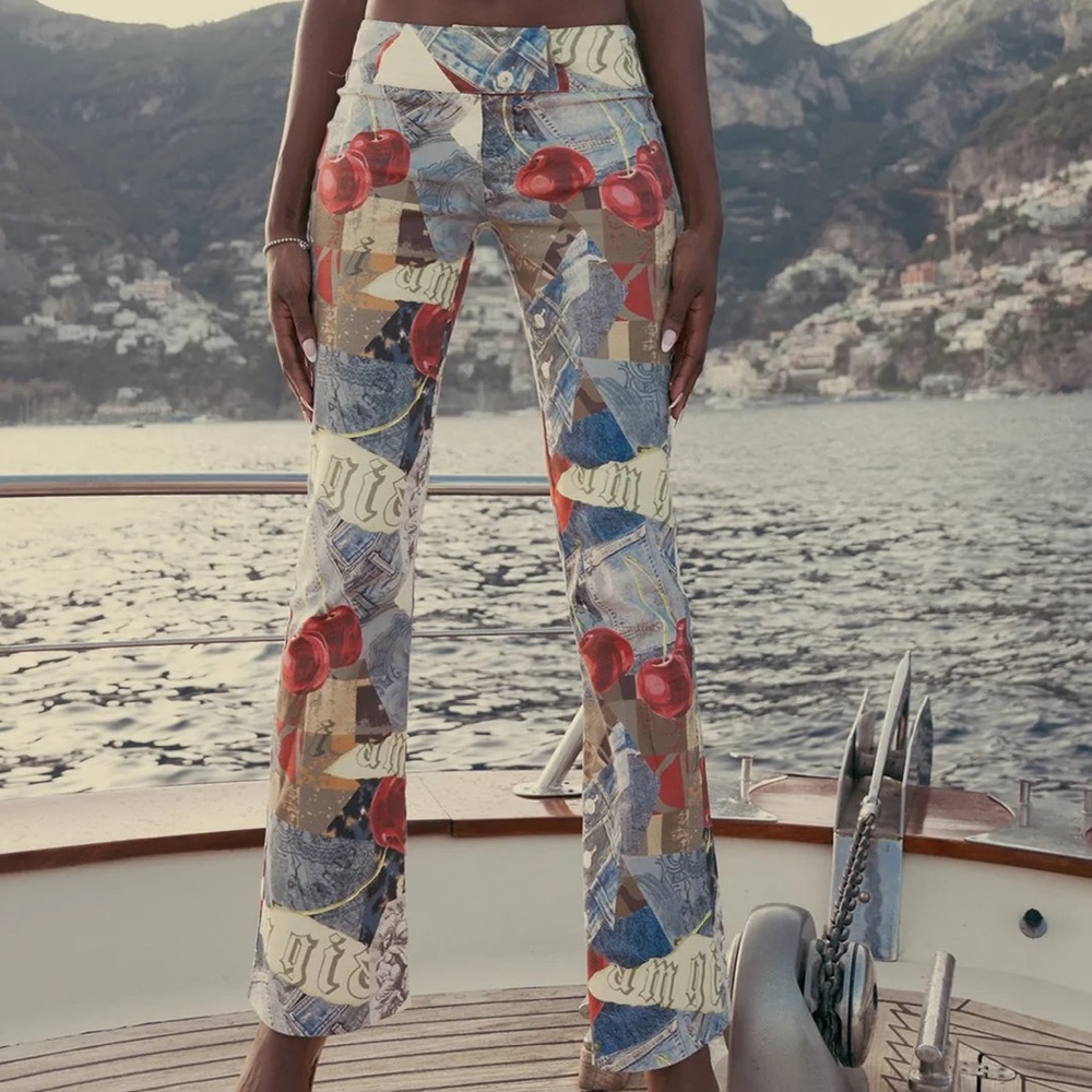 Stretchy mid rise and flared leg pant in custom I.AM.GIA Denim & Cherry print